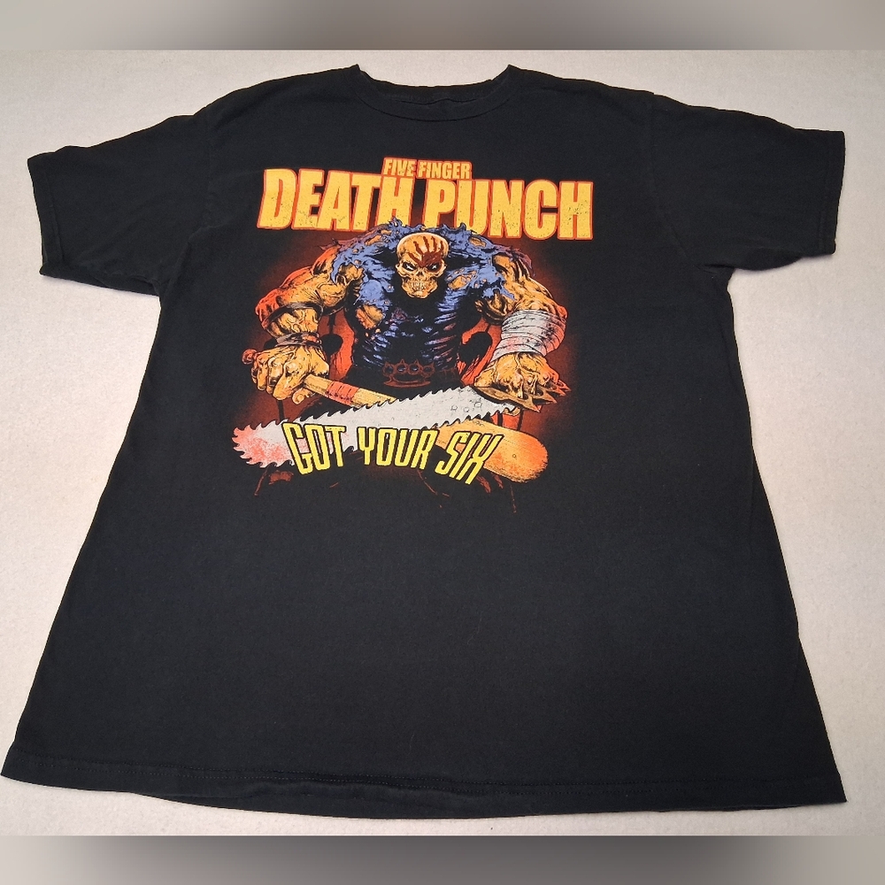 5FDP Fiver Finger Death Punch  Black Graphic Tee with Orange and Blue Design